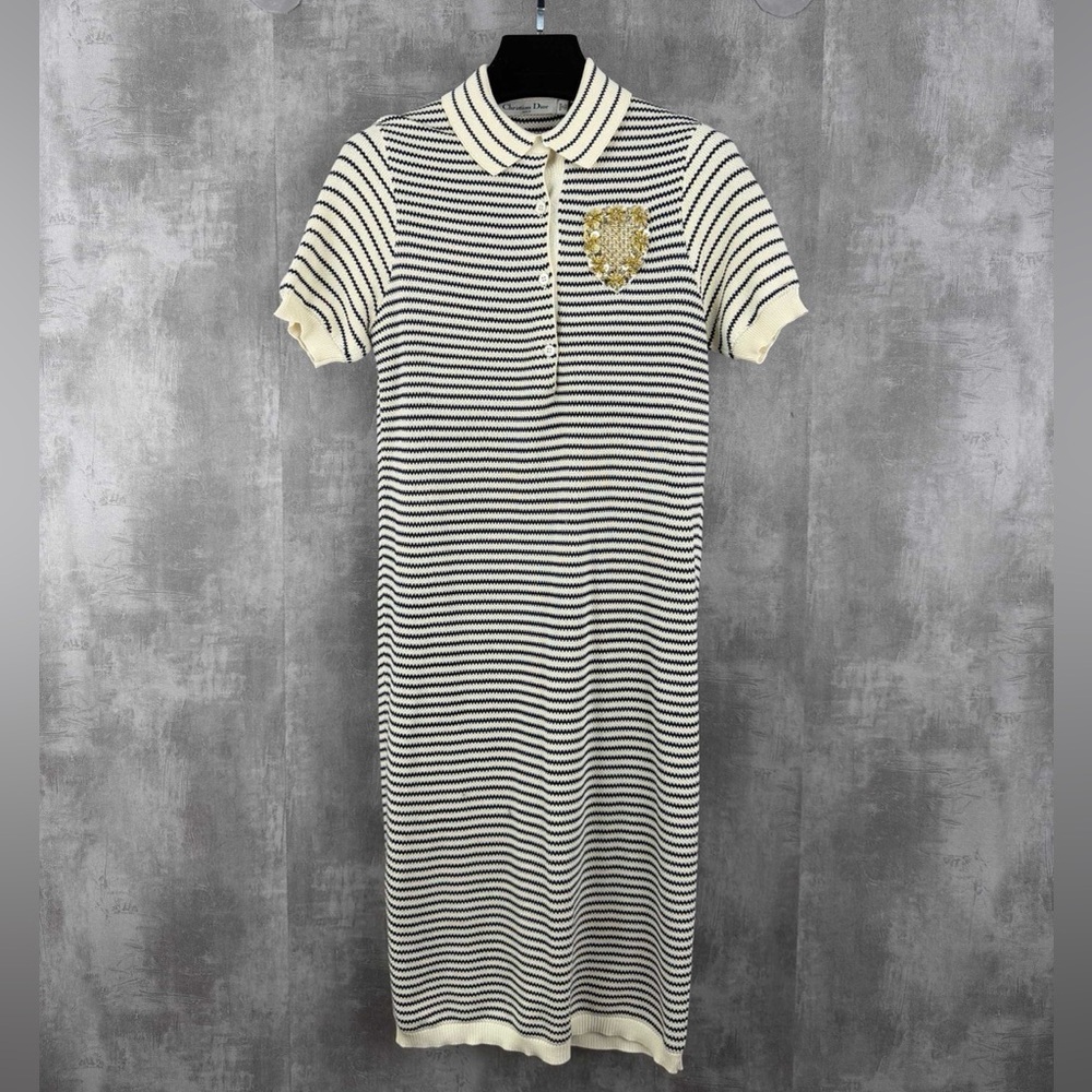 Authentic Dior Black and Cream Striped Midi Dress with Gold Detail